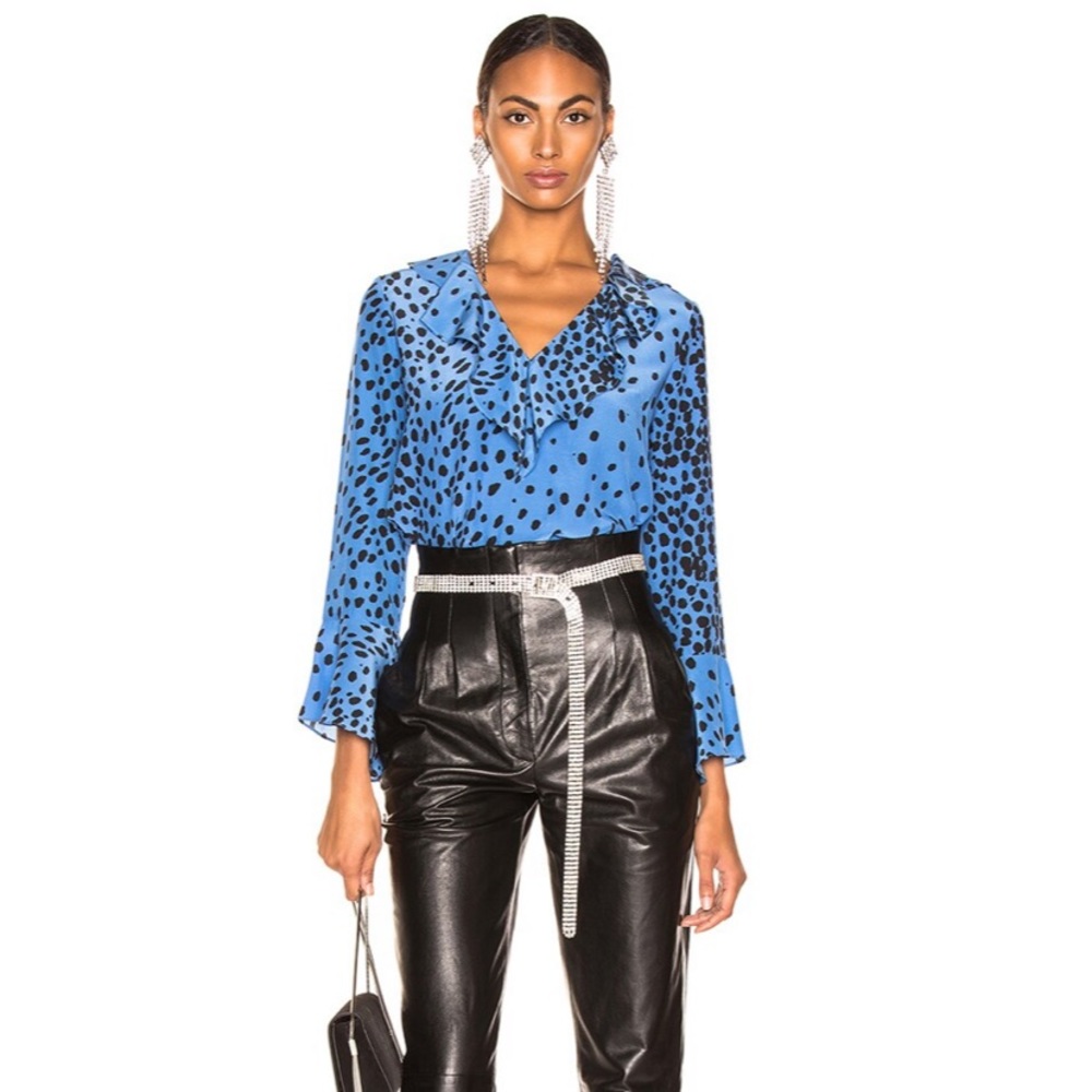 RIXO SILK PRINTED BLUE VNECK BLOUSE